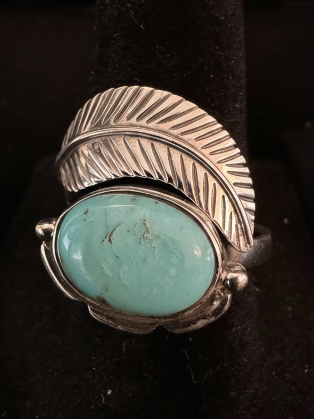Sterling Silver Feather Turquoise Ring -‎ Blue Genuine Kingman Turquoise